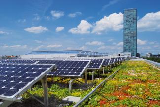 Technology centre in Munich (Germany), ZinCo system build-up ”SolarVert“. Green roof with solar plant